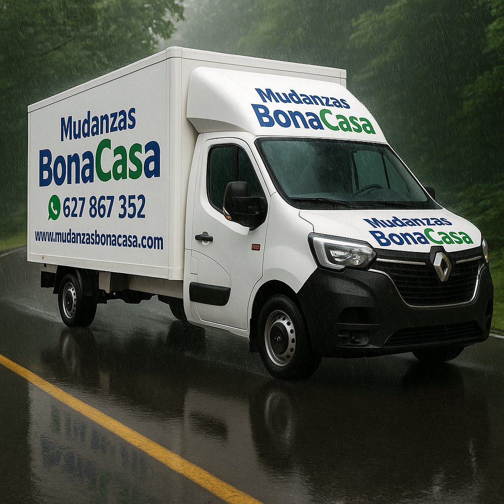 Camión Mudanzas Bonacasa bajo la lluvia